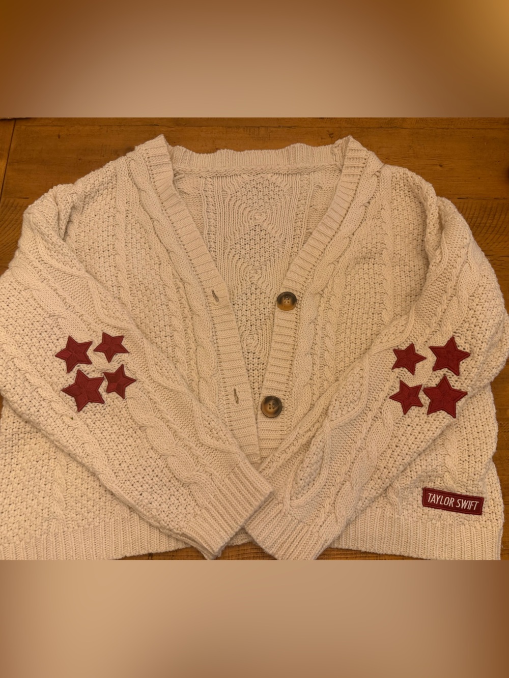 Taylor Swift Cream Cable Knit Cardigan with Red Star Patches
